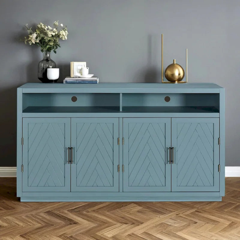 Bahut classique 4 portes avec rangement ouvert et étagères réglables, idéal pour les cuisines et les salons