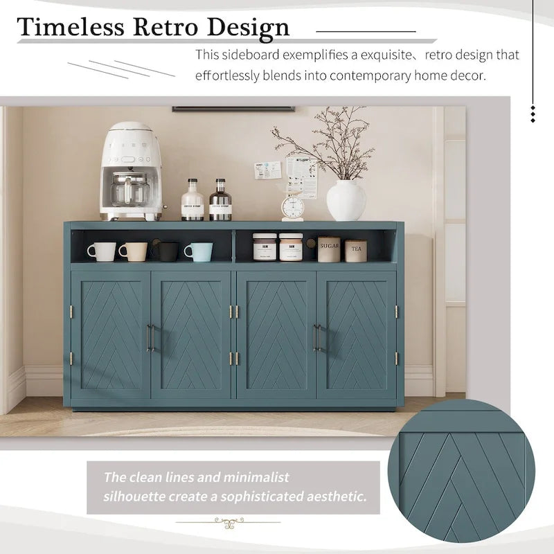 Bahut classique 4 portes avec rangement ouvert et étagères réglables, idéal pour les cuisines et les salons