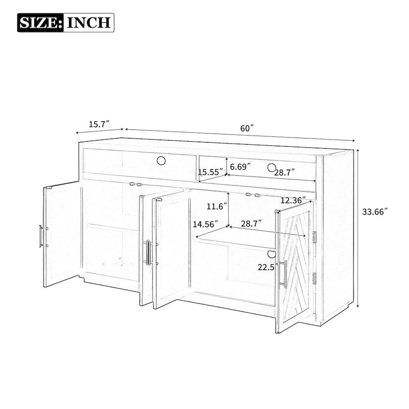 Bahut classique 4 portes avec rangement ouvert et étagères réglables, idéal pour les cuisines et les salons
