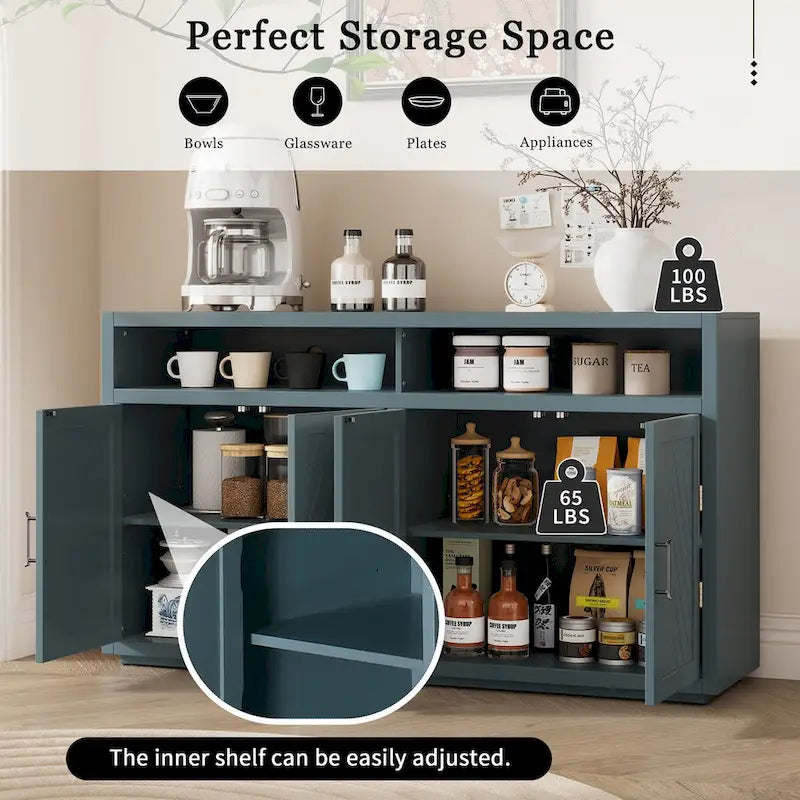 Bahut classique 4 portes avec rangement ouvert et étagères réglables, idéal pour les cuisines et les salons
