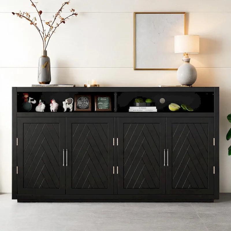 Bahut classique 4 portes avec rangement ouvert et étagères réglables, idéal pour les cuisines et les salons