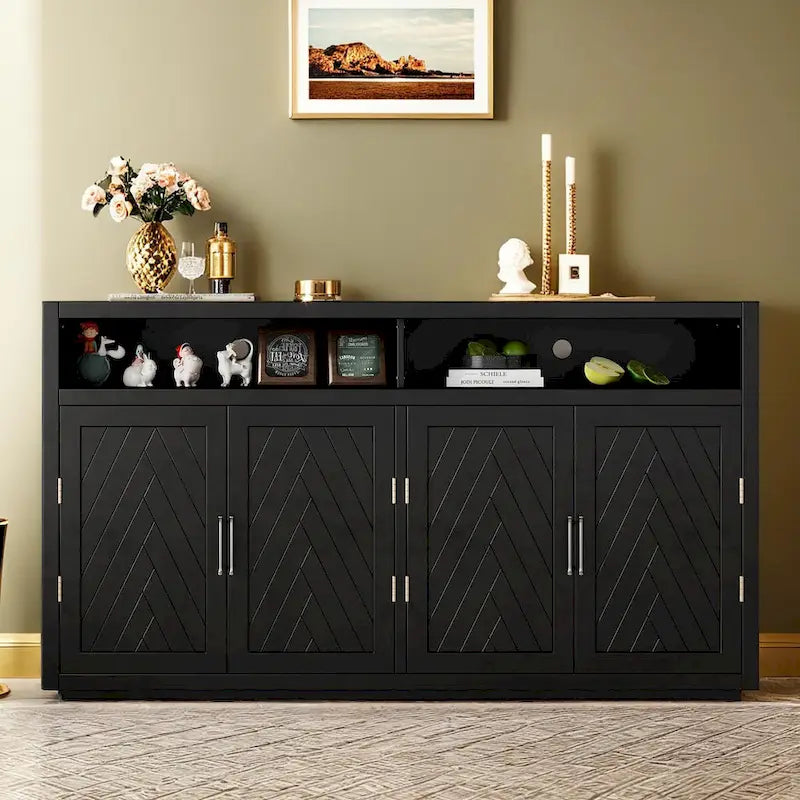 Bahut classique 4 portes avec rangement ouvert et étagères réglables, idéal pour les cuisines et les salons