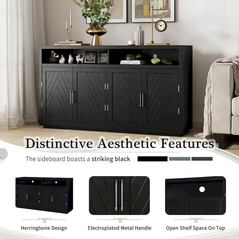 Bahut classique 4 portes avec rangement ouvert et étagères réglables, idéal pour les cuisines et les salons