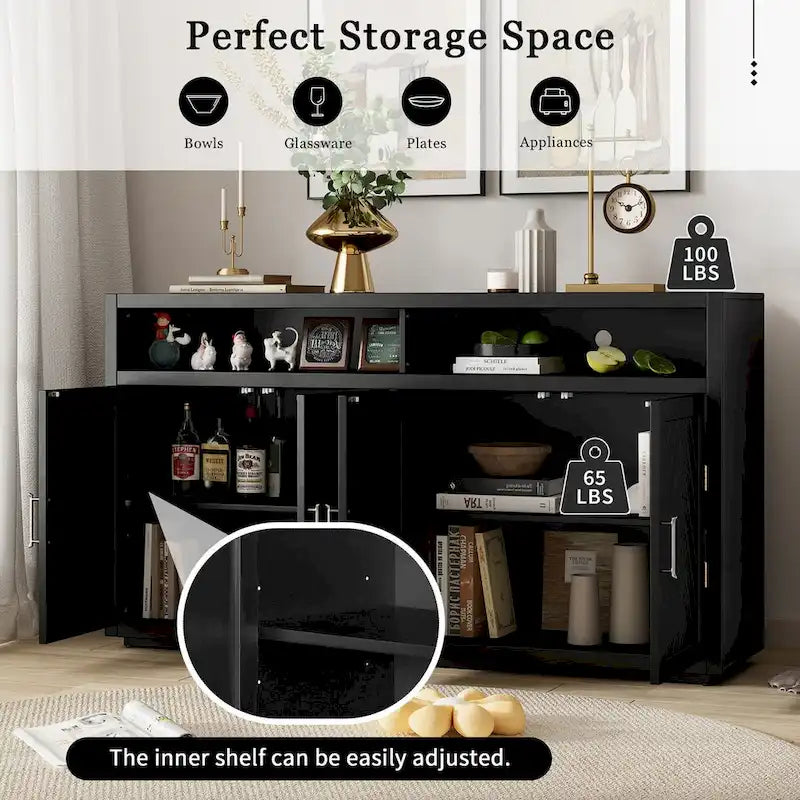 Bahut classique 4 portes avec rangement ouvert et étagères réglables, idéal pour les cuisines et les salons
