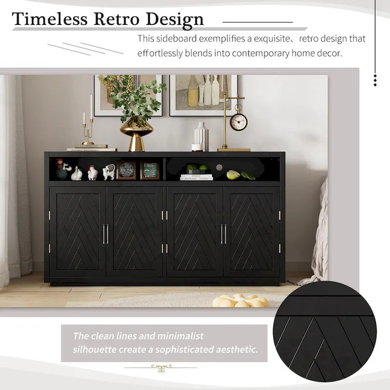 Bahut classique 4 portes avec rangement ouvert et étagères réglables, idéal pour les cuisines et les salons