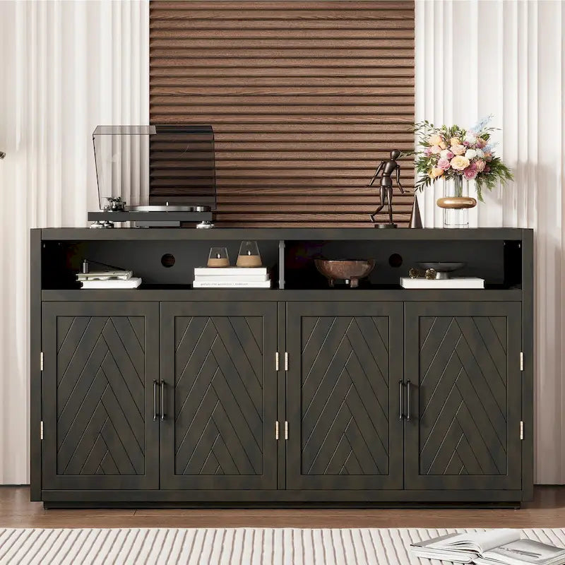 Bahut classique 4 portes avec rangement ouvert et étagères réglables, idéal pour les cuisines et les salons