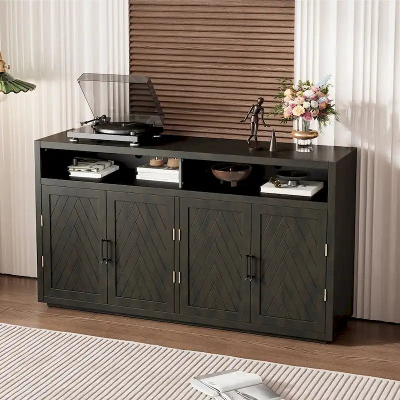 Bahut classique 4 portes avec rangement ouvert et étagères réglables, idéal pour les cuisines et les salons