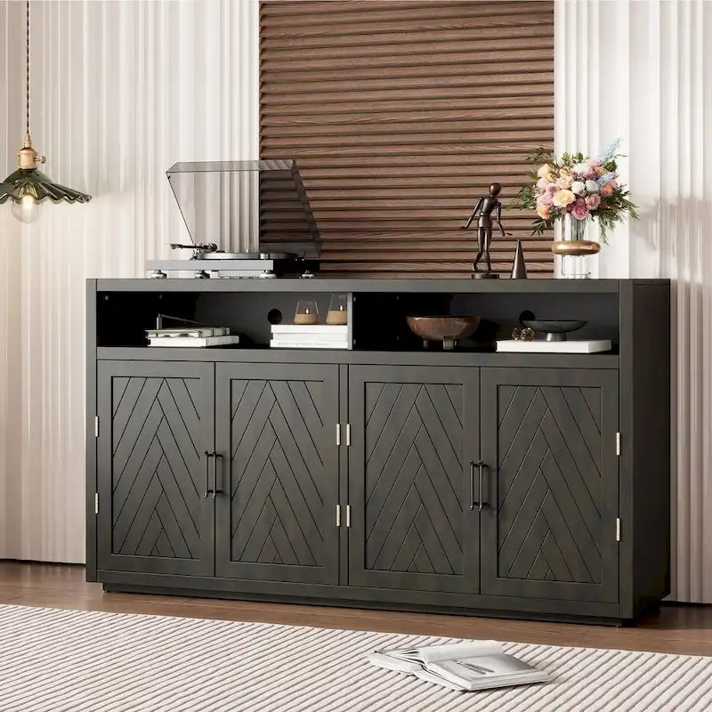 Bahut classique 4 portes avec rangement ouvert et étagères réglables, idéal pour les cuisines et les salons
