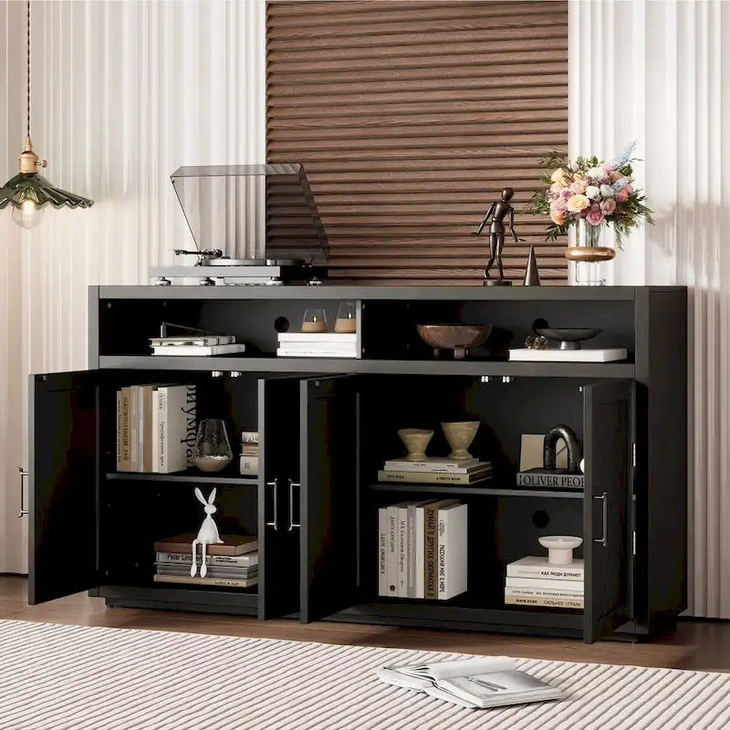 Bahut classique 4 portes avec rangement ouvert et étagères réglables, idéal pour les cuisines et les salons