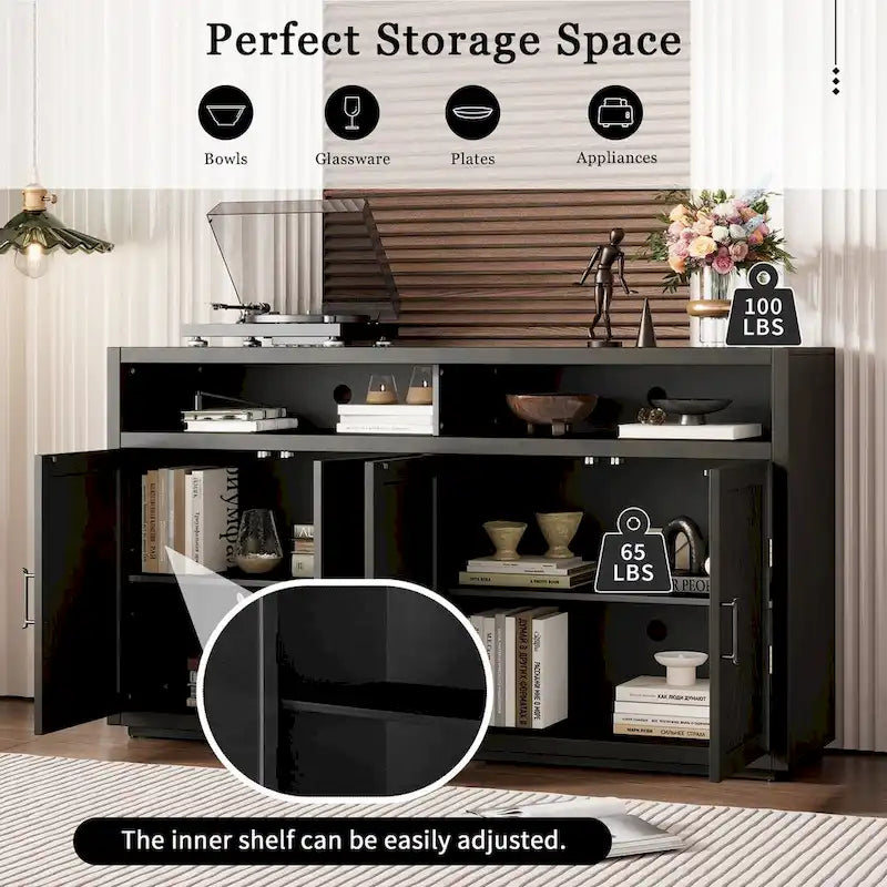 Bahut classique 4 portes avec rangement ouvert et étagères réglables, idéal pour les cuisines et les salons