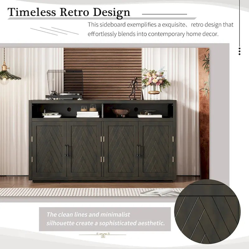 Bahut classique 4 portes avec rangement ouvert et étagères réglables, idéal pour les cuisines et les salons