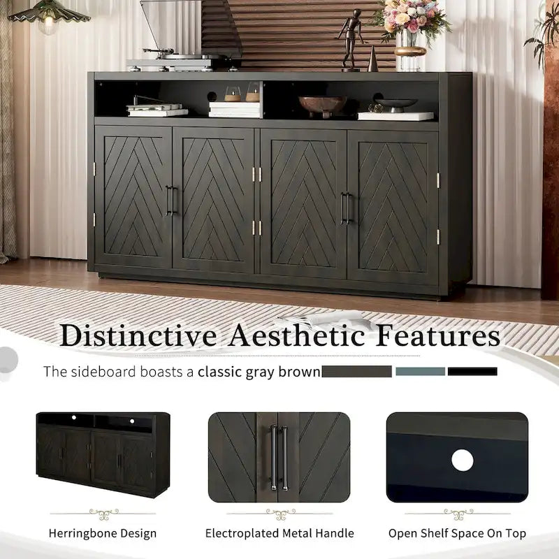 Bahut classique 4 portes avec rangement ouvert et étagères réglables, idéal pour les cuisines et les salons