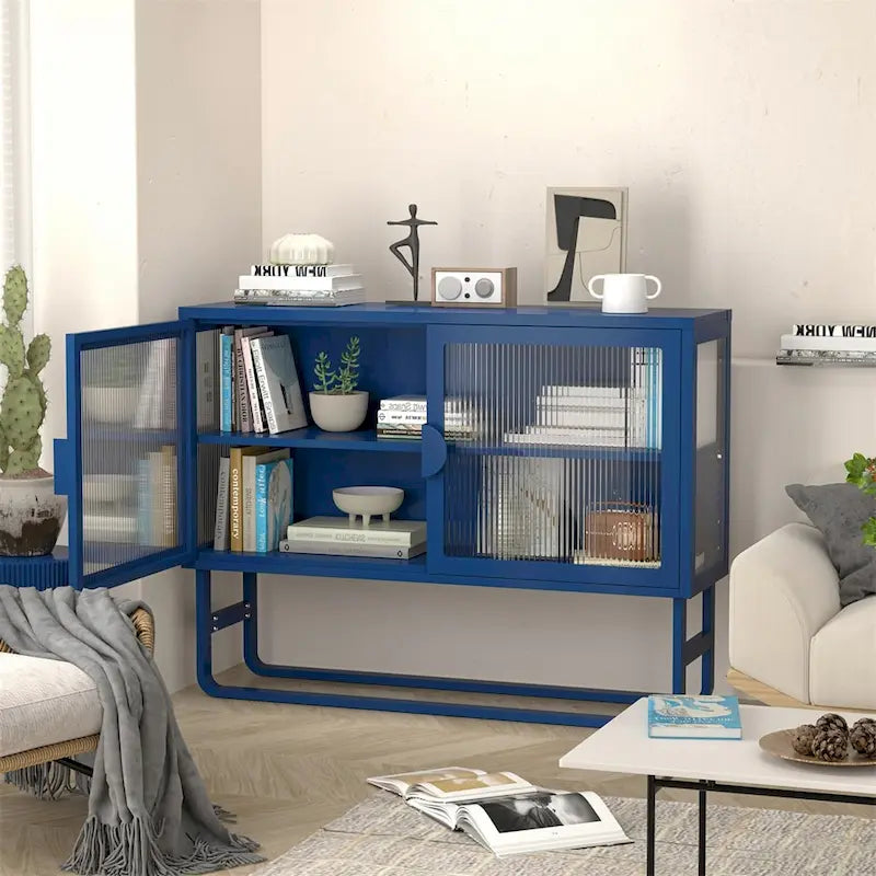 Stylish Tempered Glass Cabinet Credenza with 2 Fluted Glass Doors
