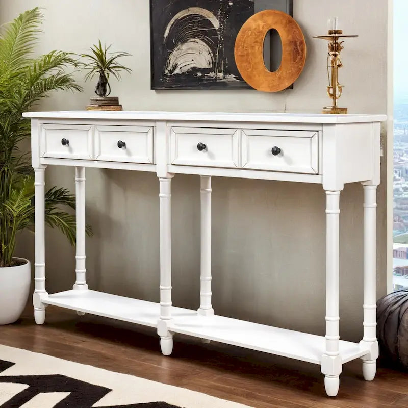 Pine Wood and MDF Styled Console Sofa Easy Assembly with Two Storage Drawers and Bottom Shelf for Living Room, Entryway