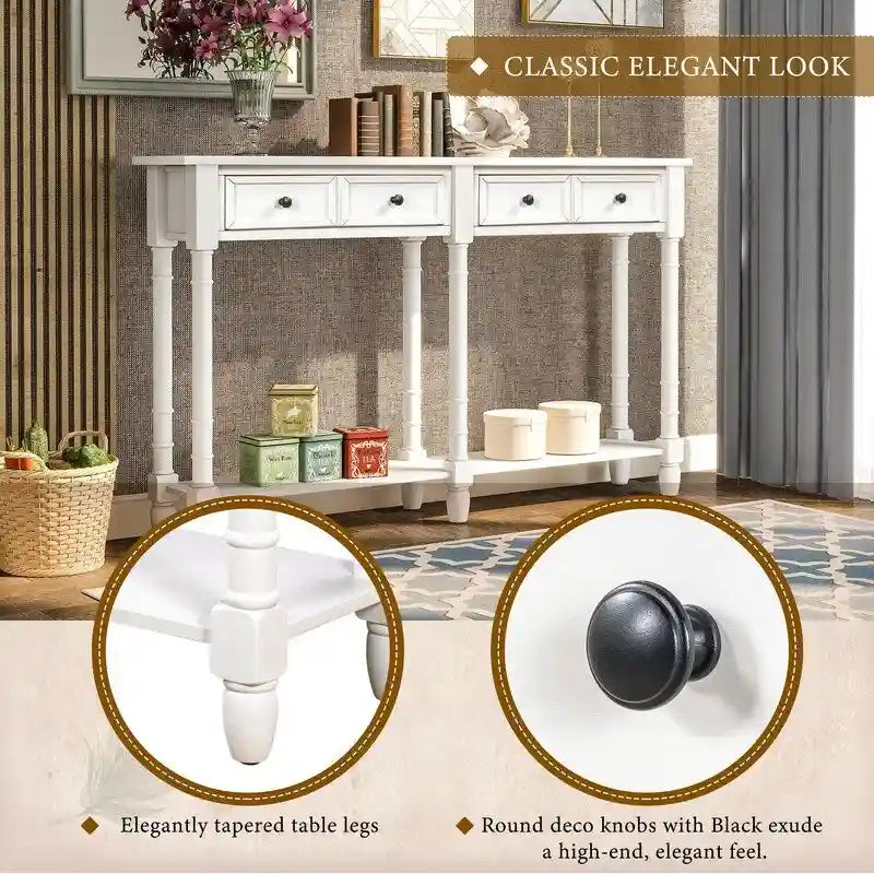 Pine Wood and MDF Styled Console Sofa Easy Assembly with Two Storage Drawers and Bottom Shelf for Living Room, Entryway