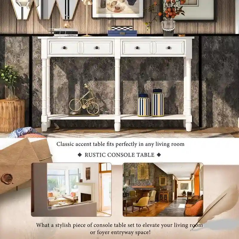 Pine Wood and MDF Styled Console Sofa Easy Assembly with Two Storage Drawers and Bottom Shelf for Living Room, Entryway