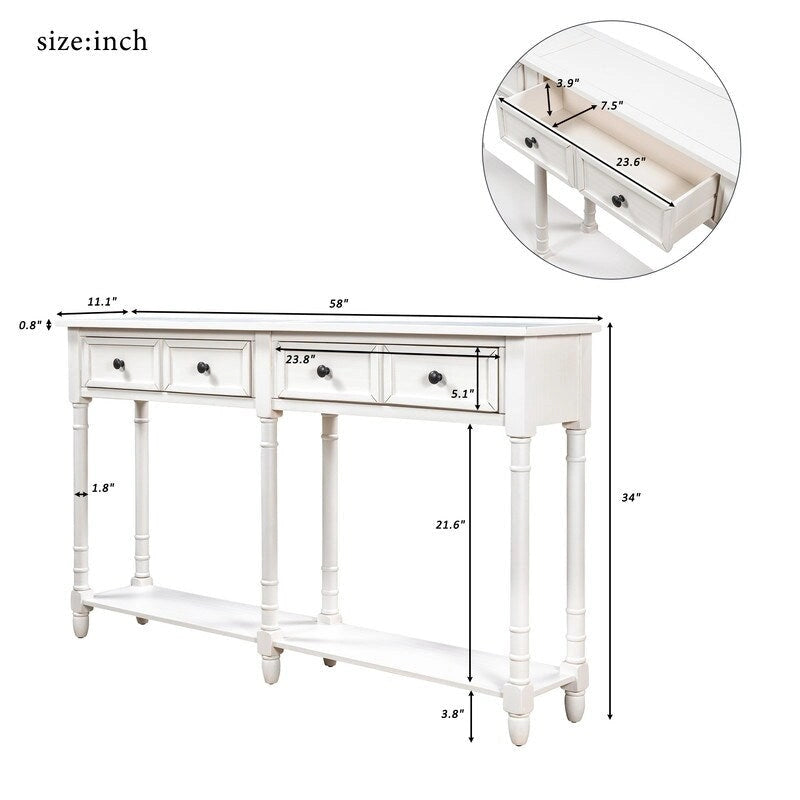 Pine Wood and MDF Styled Console Sofa Easy Assembly with Two Storage Drawers and Bottom Shelf for Living Room, Entryway