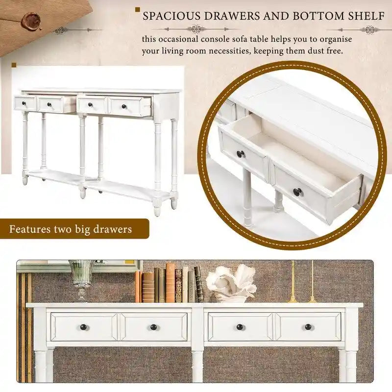 Pine Wood and MDF Styled Console Sofa Easy Assembly with Two Storage Drawers and Bottom Shelf for Living Room, Entryway