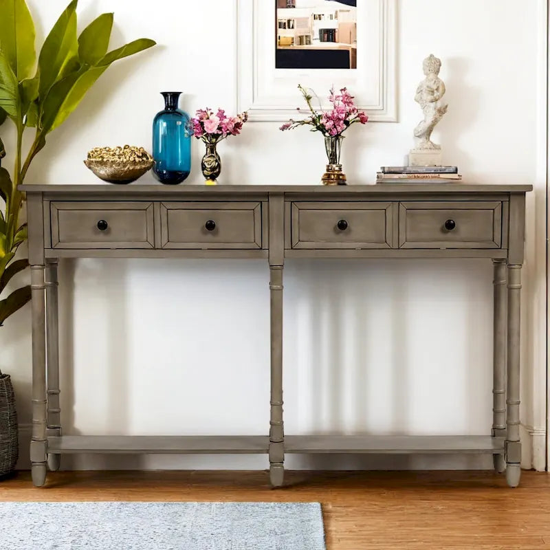 Pine Wood and MDF Styled Console Sofa Easy Assembly with Two Storage Drawers and Bottom Shelf for Living Room, Entryway