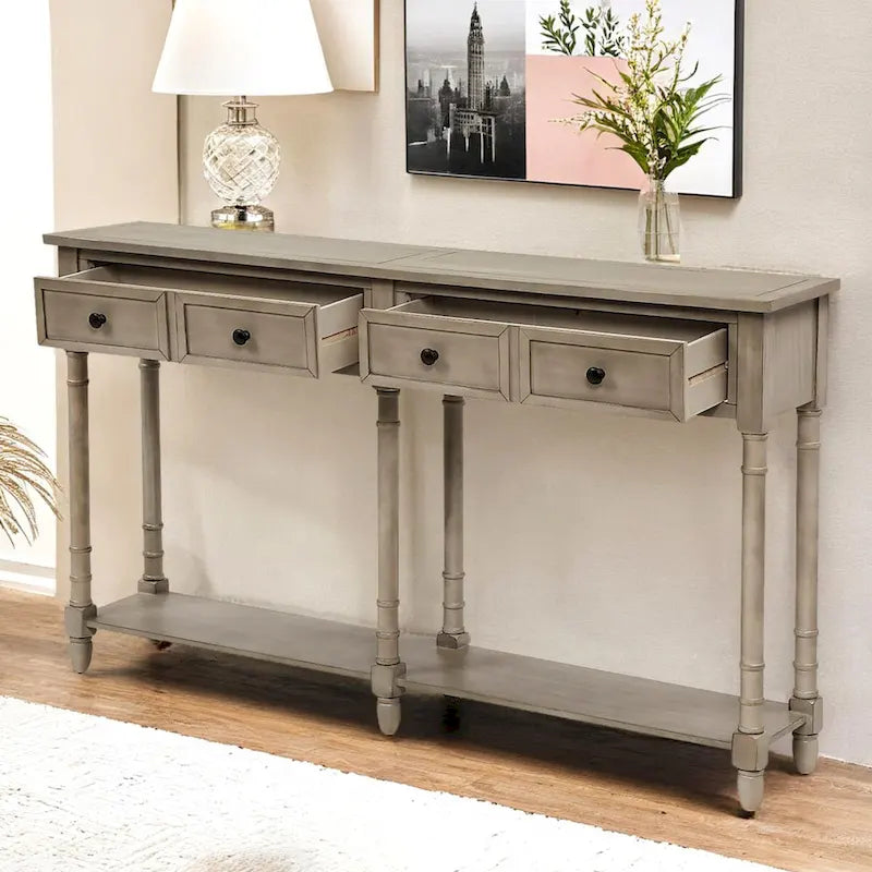Pine Wood and MDF Styled Console Sofa Easy Assembly with Two Storage Drawers and Bottom Shelf for Living Room, Entryway