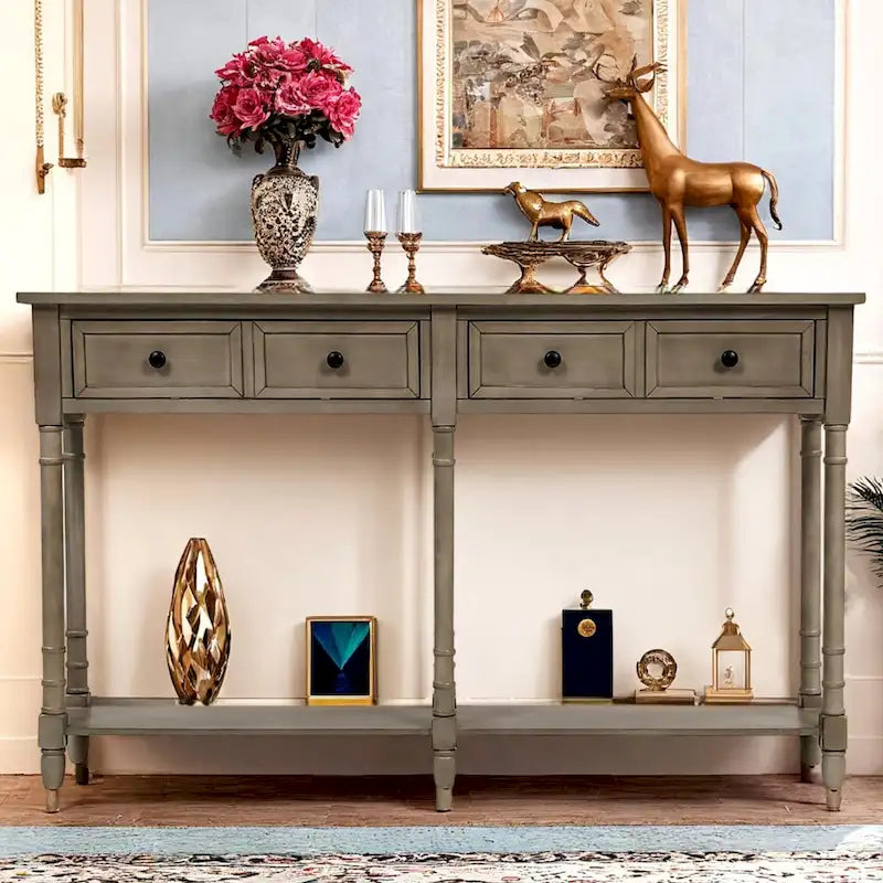 Pine Wood and MDF Styled Console Sofa Easy Assembly with Two Storage Drawers and Bottom Shelf for Living Room, Entryway