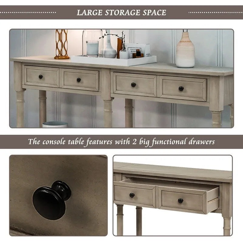 Pine Wood and MDF Styled Console Sofa Easy Assembly with Two Storage Drawers and Bottom Shelf for Living Room, Entryway