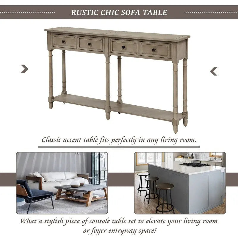 Pine Wood and MDF Styled Console Sofa Easy Assembly with Two Storage Drawers and Bottom Shelf for Living Room, Entryway