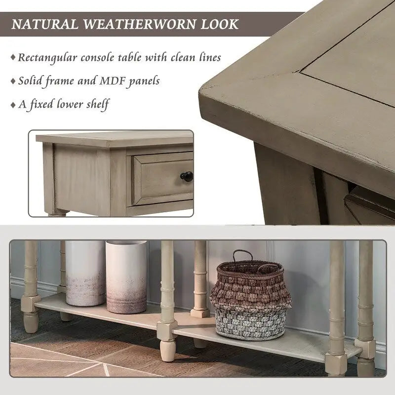 Pine Wood and MDF Styled Console Sofa Easy Assembly with Two Storage Drawers and Bottom Shelf for Living Room, Entryway