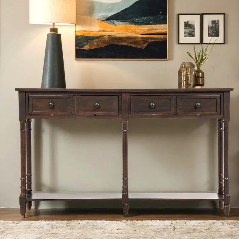 Pine Wood and MDF Styled Console Sofa Easy Assembly with Two Storage Drawers and Bottom Shelf for Living Room, Entryway
