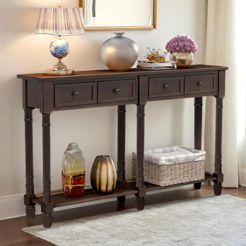 Pine Wood and MDF Styled Console Sofa Easy Assembly with Two Storage Drawers and Bottom Shelf for Living Room, Entryway