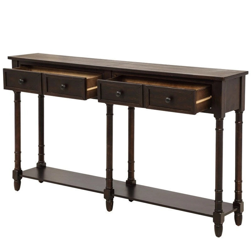 Pine Wood and MDF Styled Console Sofa Easy Assembly with Two Storage Drawers and Bottom Shelf for Living Room, Entryway
