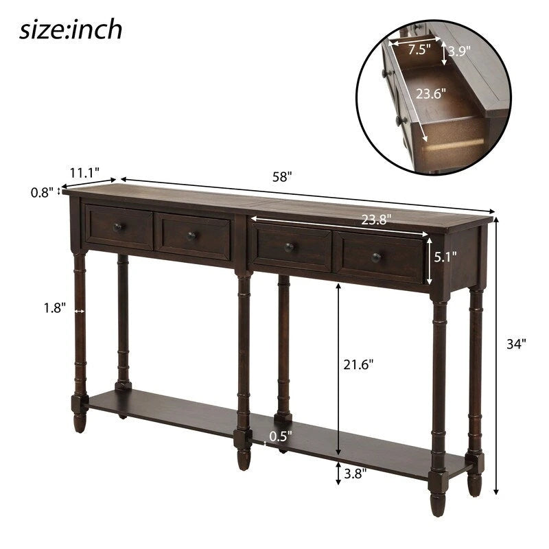 Pine Wood and MDF Styled Console Sofa Easy Assembly with Two Storage Drawers and Bottom Shelf for Living Room, Entryway