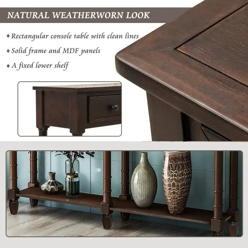 Pine Wood and MDF Styled Console Sofa Easy Assembly with Two Storage Drawers and Bottom Shelf for Living Room, Entryway