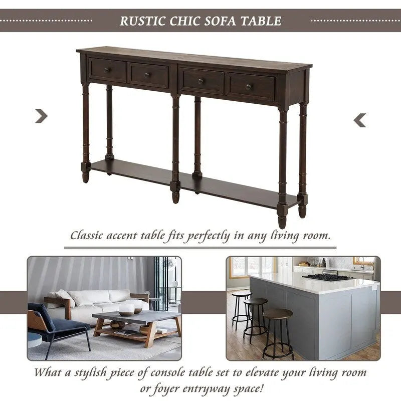 Pine Wood and MDF Styled Console Sofa Easy Assembly with Two Storage Drawers and Bottom Shelf for Living Room, Entryway