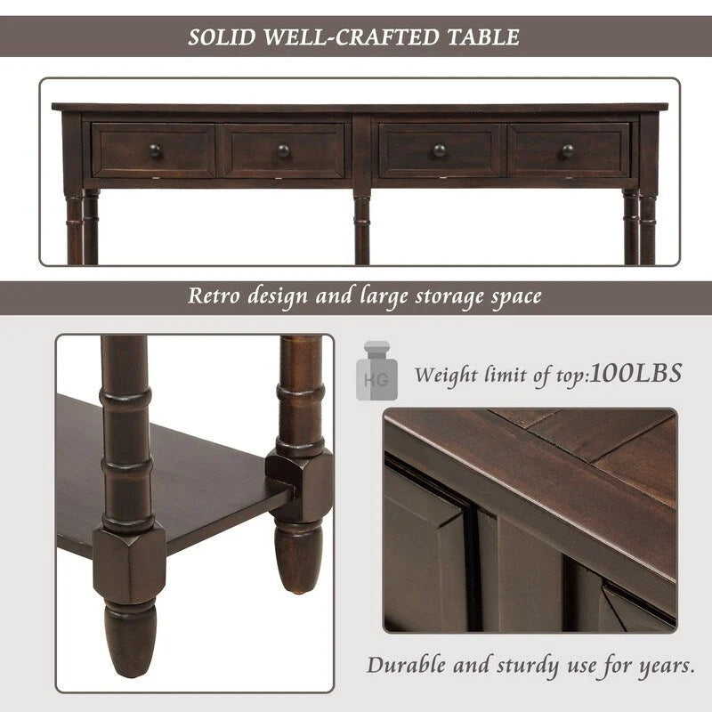 Pine Wood and MDF Styled Console Sofa Easy Assembly with Two Storage Drawers and Bottom Shelf for Living Room, Entryway