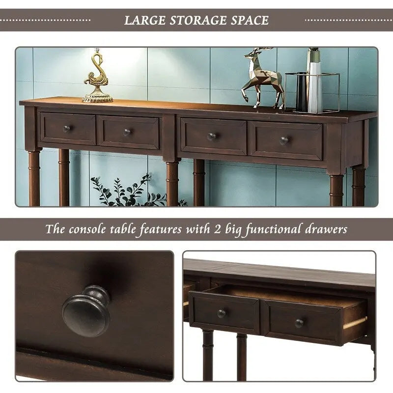 Pine Wood and MDF Styled Console Sofa Easy Assembly with Two Storage Drawers and Bottom Shelf for Living Room, Entryway