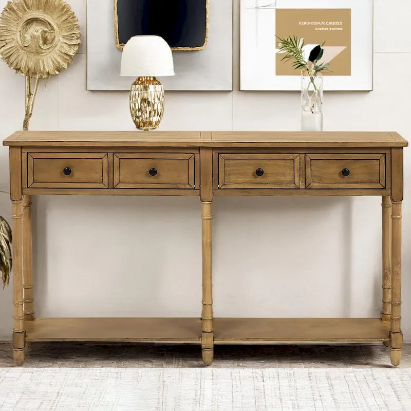 Pine Wood and MDF Styled Console Sofa Easy Assembly with Two Storage Drawers and Bottom Shelf for Living Room, Entryway