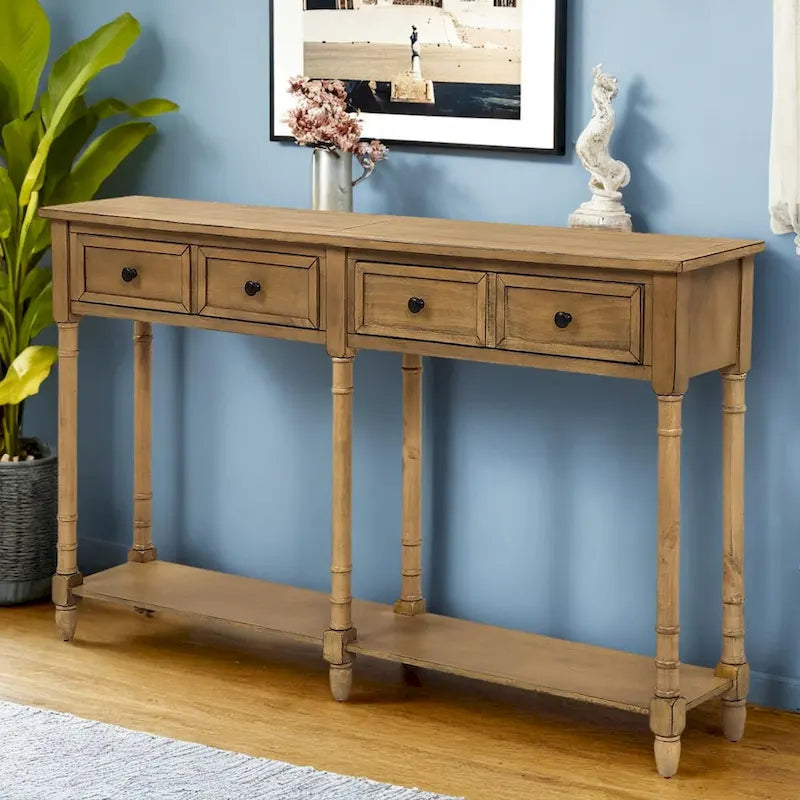 Pine Wood and MDF Styled Console Sofa Easy Assembly with Two Storage Drawers and Bottom Shelf for Living Room, Entryway