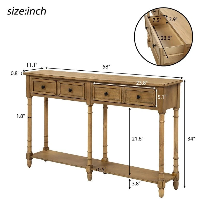 Pine Wood and MDF Styled Console Sofa Easy Assembly with Two Storage Drawers and Bottom Shelf for Living Room, Entryway