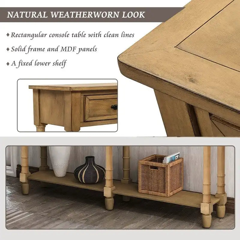 Pine Wood and MDF Styled Console Sofa Easy Assembly with Two Storage Drawers and Bottom Shelf for Living Room, Entryway
