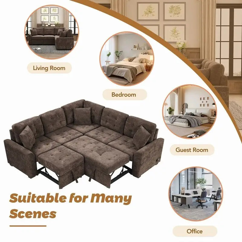 82.6 L-shape Sofa Bed,Sleeper Sofa with Wheels and USB Ports