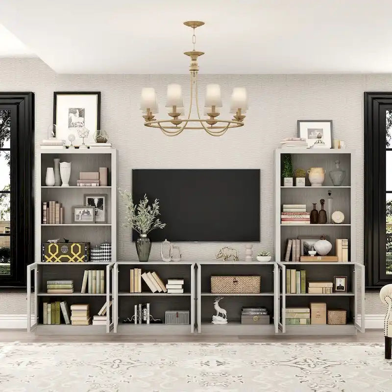 Meuble TV Élégant avec Nombreuses Étagères et Accents de Verre