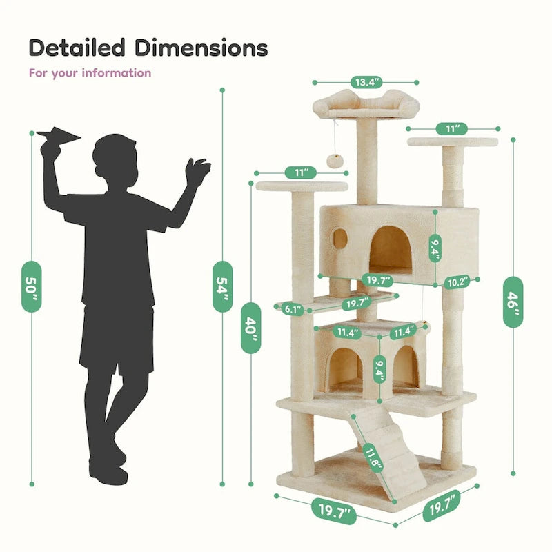 54in Cat Tree, Indoor Cat High-rise Multi-story Tower, Pet Playroom With Large Apartment