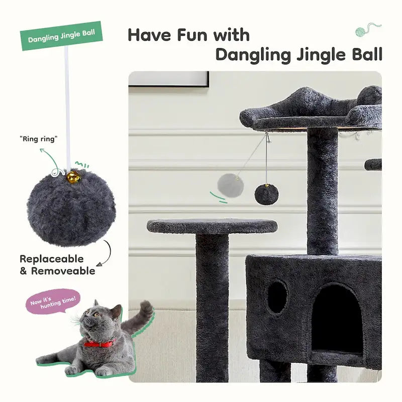 54in Cat Tree, Indoor Cat High-rise Multi-story Tower, Pet Playroom With Large Apartment