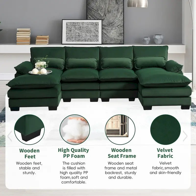 6-seat Upholstered Symmetrical Sofa Furniture U-shaped Sectional Sofa with Waist Pillows