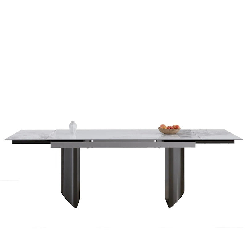 9 - Piece 94.48 Modern Minimalist Extendable Sintered Stone Top Double Pedestal Dining Set With 8 Fabric Chairs